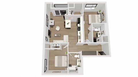 Floor plan for 2 beds, 2 baths, 947 sqft